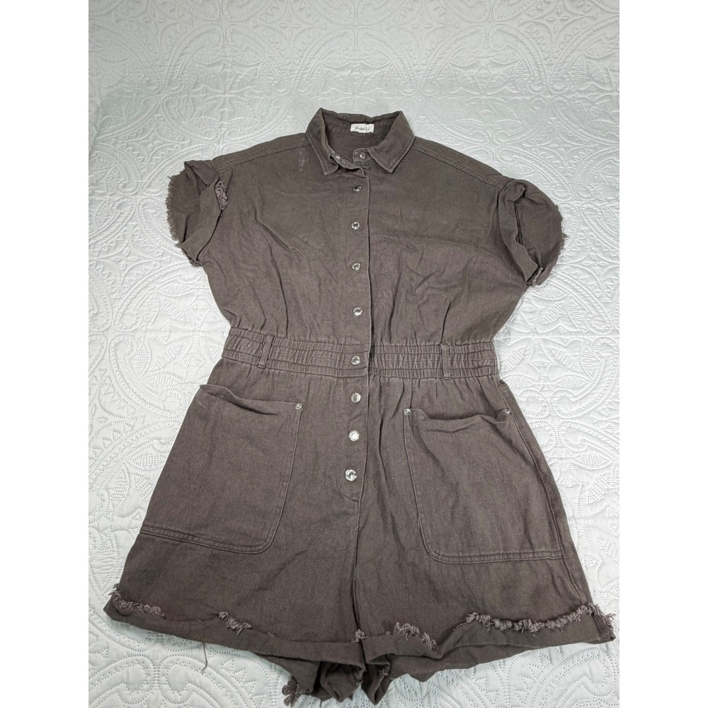 Bucket List Womens Short Sleeve Button Front Utility Romper Brown Frayed Hem L